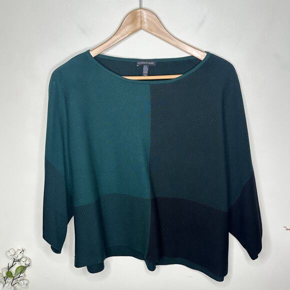 EILEEN FISHER Bateau Neck Three-Quarter Sleeve Top Pine Green Black Sz M {3Y4} - Picture 2 of 5